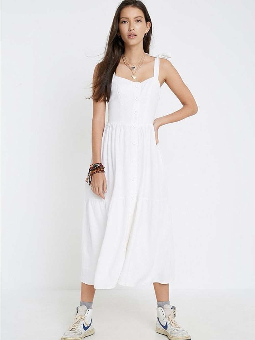 UO Positano White Linen Tie-Shoulder Midi Dress